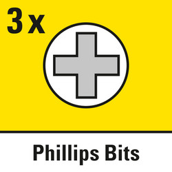 3 cross-headed bits "Phillips" PH0/PH1/PH2 included