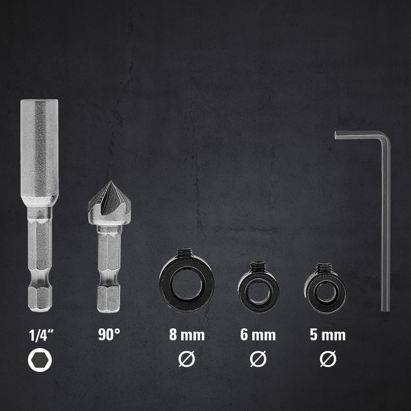 Magnetic bit holder, countersink with 90° countersink angle for countersunk screws and depth stop rings with Allen wrench