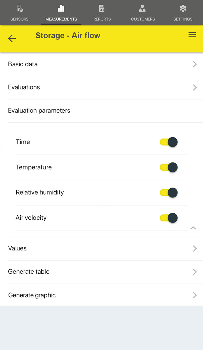 Measurements menu tab – measurement screen