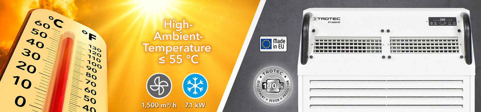 Proven Trotec quality: The PT 6500 HT commercial air conditioner for high ambient temperatures up to +55 °C