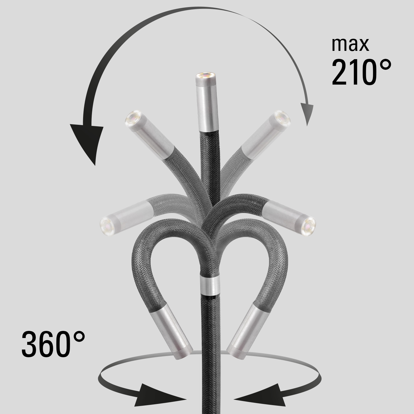 Titanium-alloy camera head with 360° swivel radius and max. bending angle of 210°