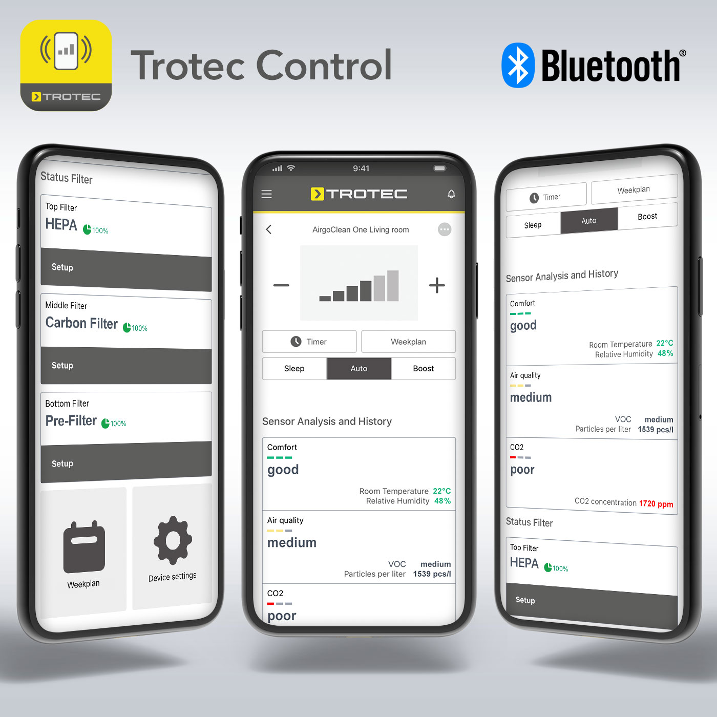 Whether you require device control, room air quality control or you wish to retrieve the filter status – all this can be controlled conveniently and easily via Trotec-Control app